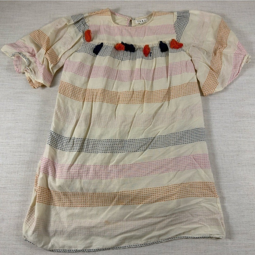 THML Cream Multi Color Dash Stripe Tassel Cotton Shift Dress SRT0262-CR Small